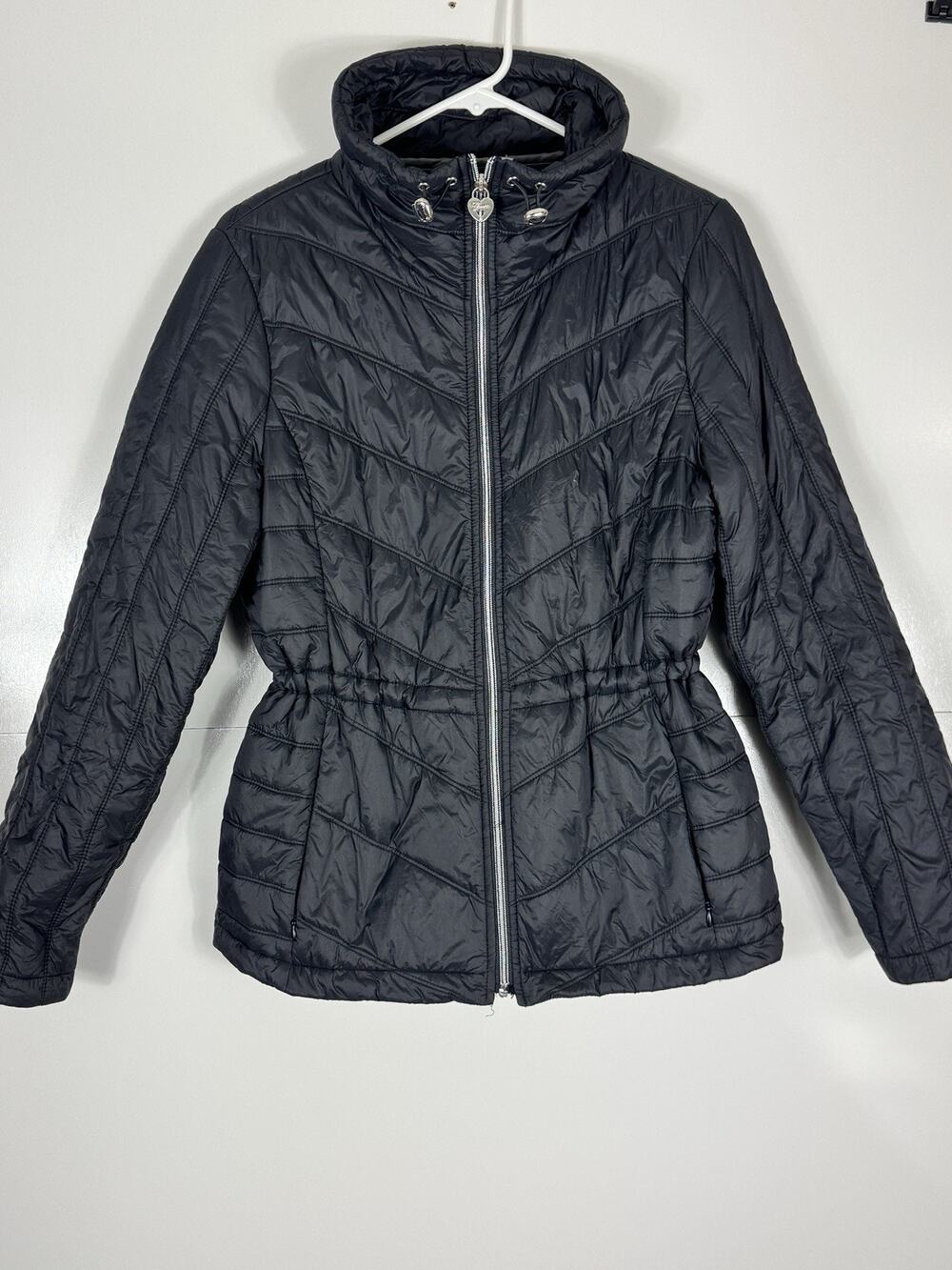 Guess Black Lightweight Puffer Jacket Quilted Chevron Zip Womens Size Medium